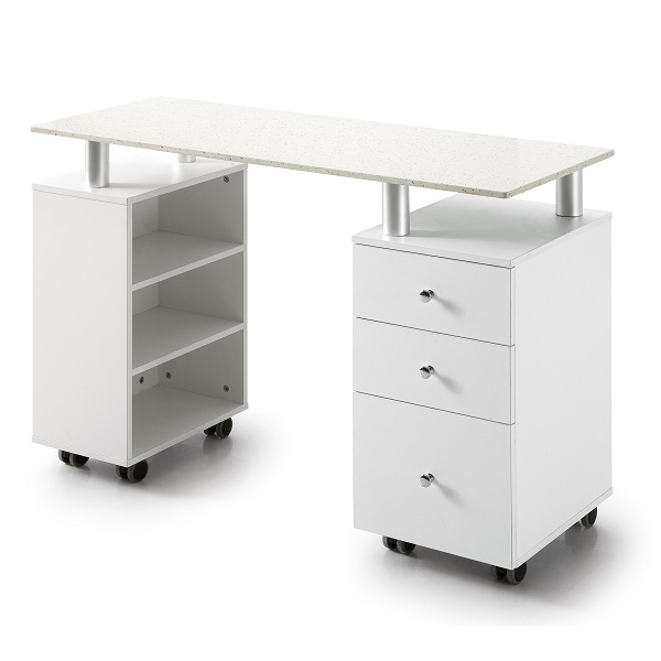 DongPin DP-3438 white manicure table with drawers and open shelves
