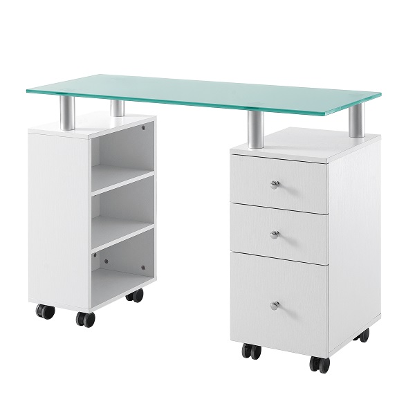 DP-3438 White Nail Table with Glass Top