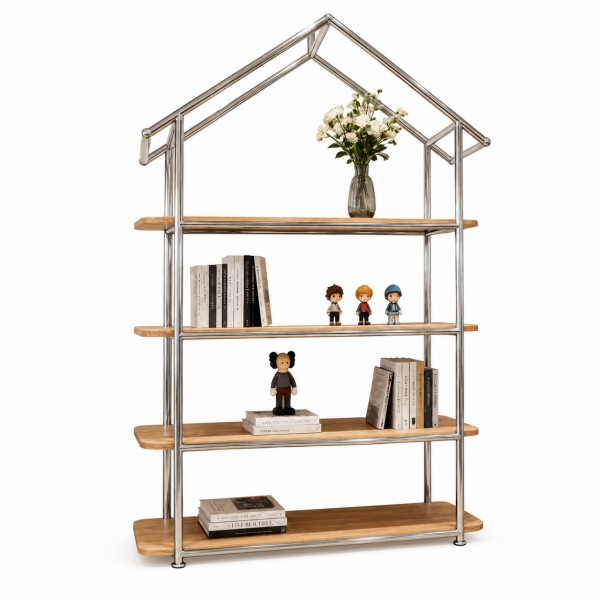 YN-MBF House-Frame Salon Display Rack with Wood Shelves &ndash; Front View