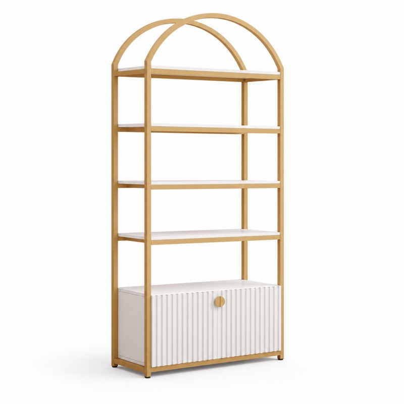 dongpin-gy-040-salon-display-rack-gold-frame-white-shelves-single-door-view