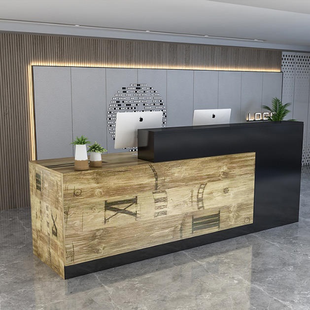 modern-reception-desk-black-frame-rustic-wood-front