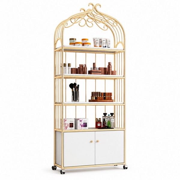 JB-TYDG Gold Metal Salon Display Shelf with Storage Cabinet &ndash; Front View