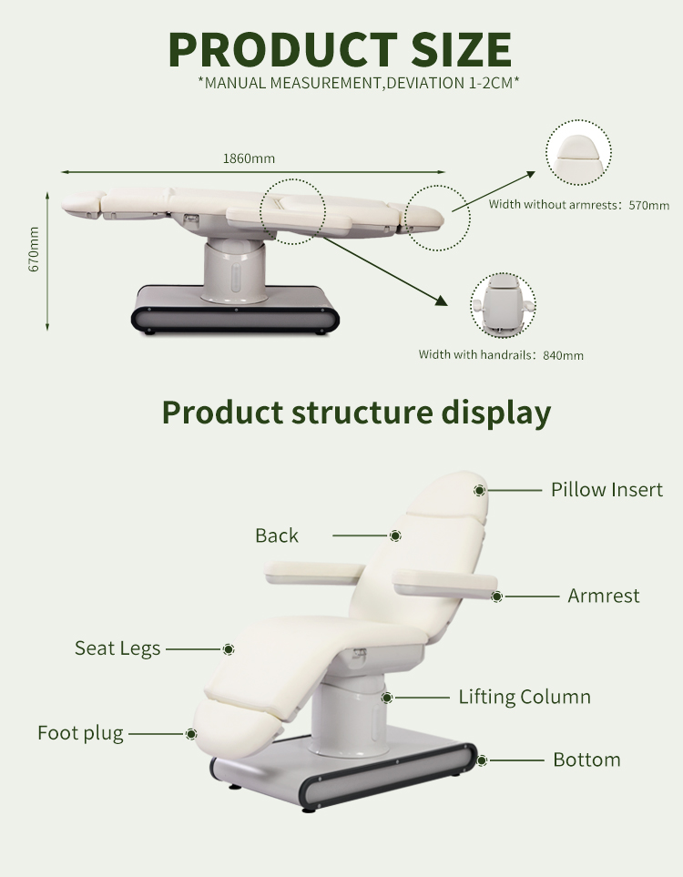 DP-L435 beauty bed size and structure details with labeled parts for salon use