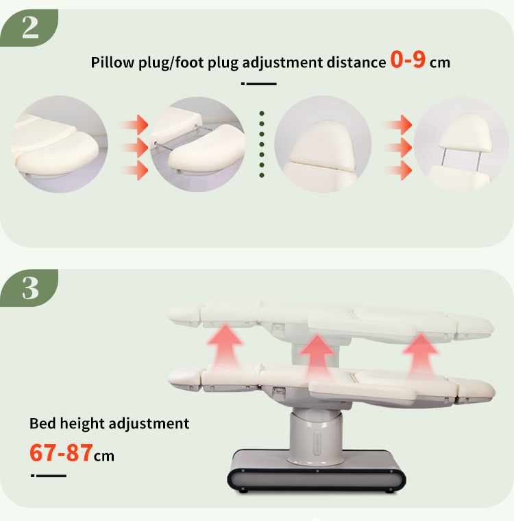 Adjustable headrest and footrest of electric beauty bed with 0-9cm extension