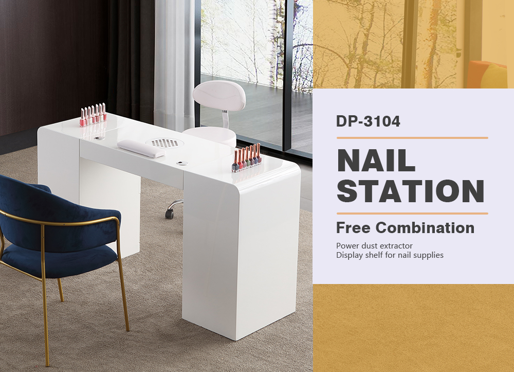 White manicure table DP-3104 featuring built-in dust extractor and sleek minimalist design for nail salons