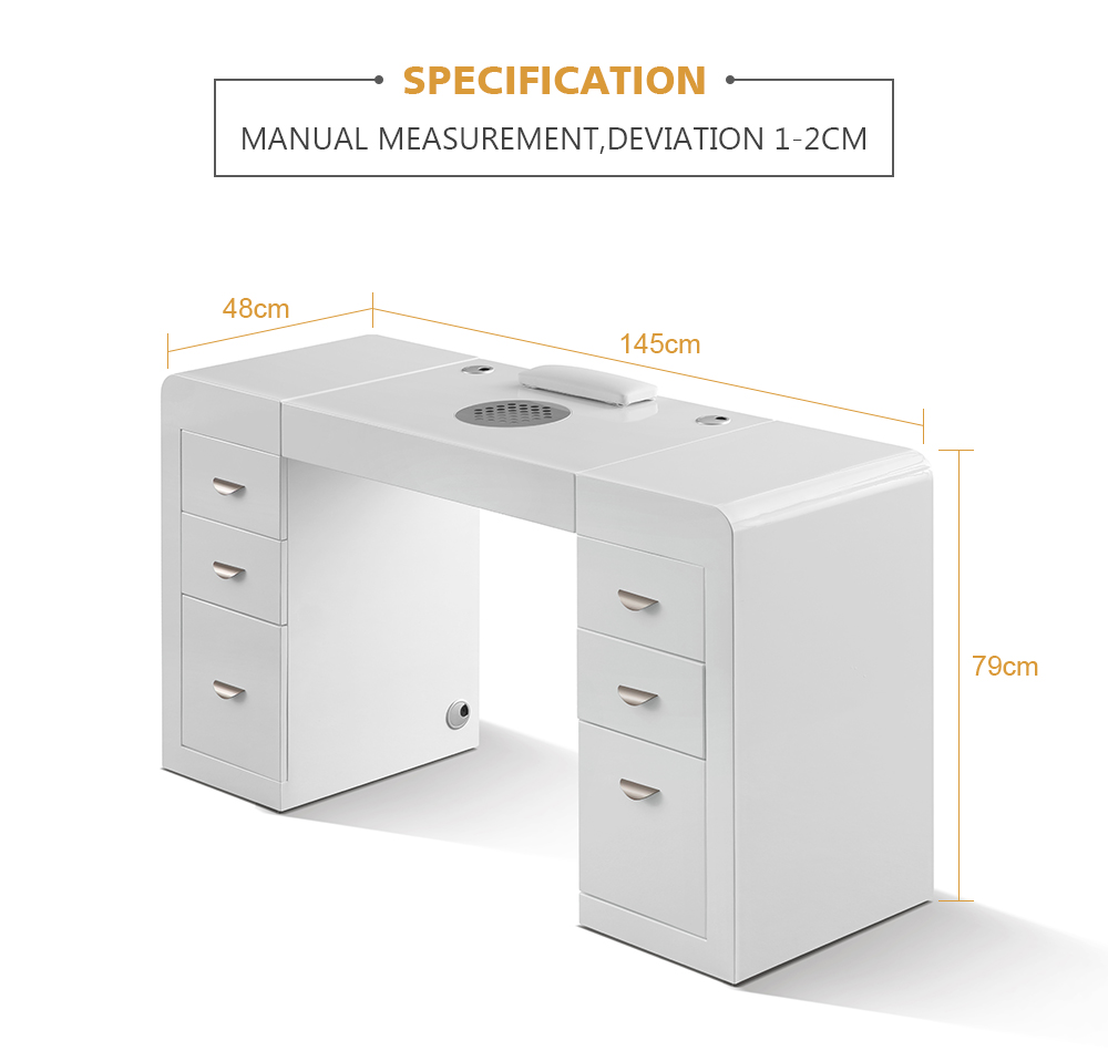 Technical specifications of the DP-3104 manicure station showing table length, width, and height for nail salon fitting