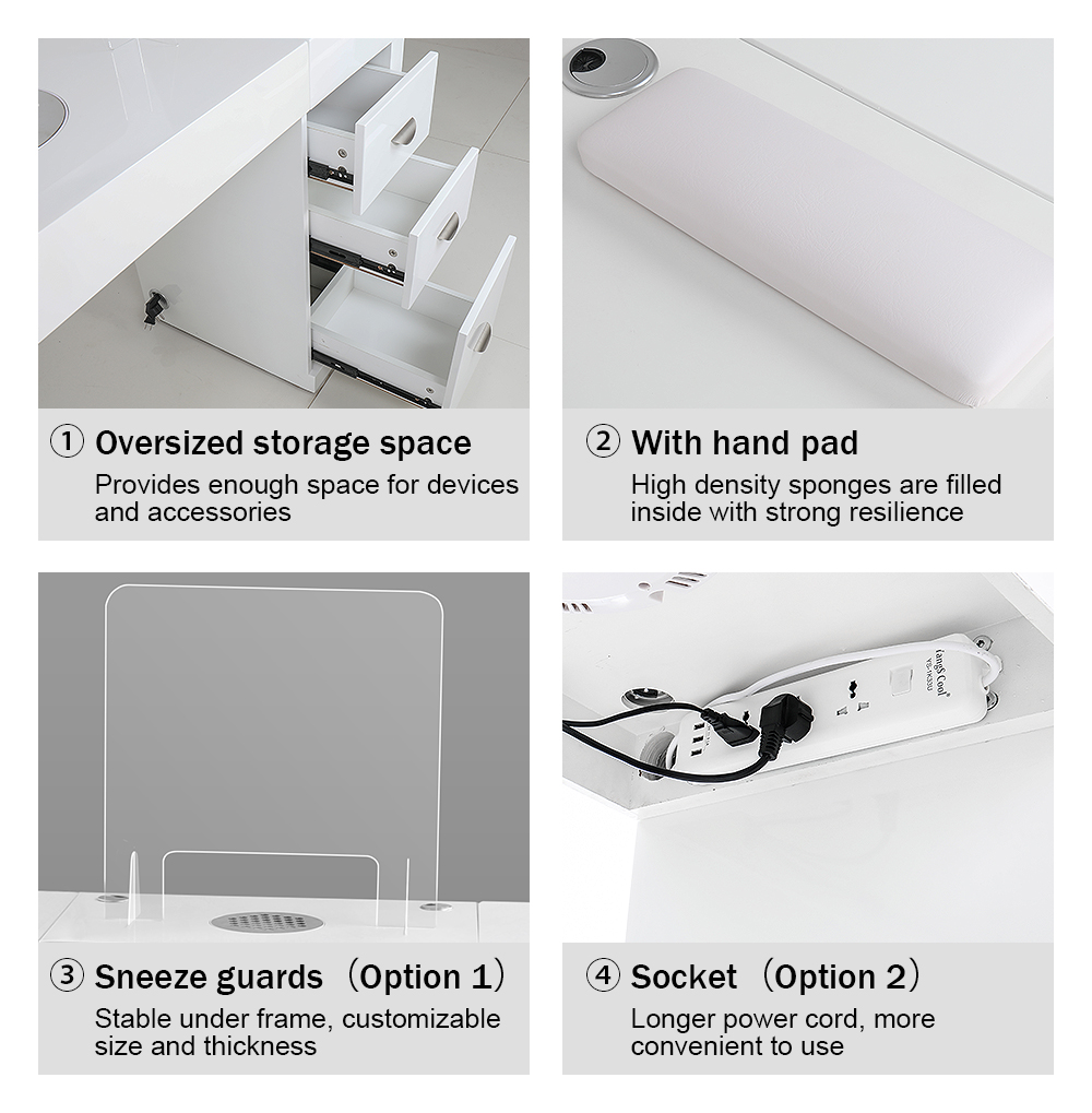 Multi-functional DP-3104 nail table with large storage drawers, hand rest pad, optional sneeze guard, and power socket

