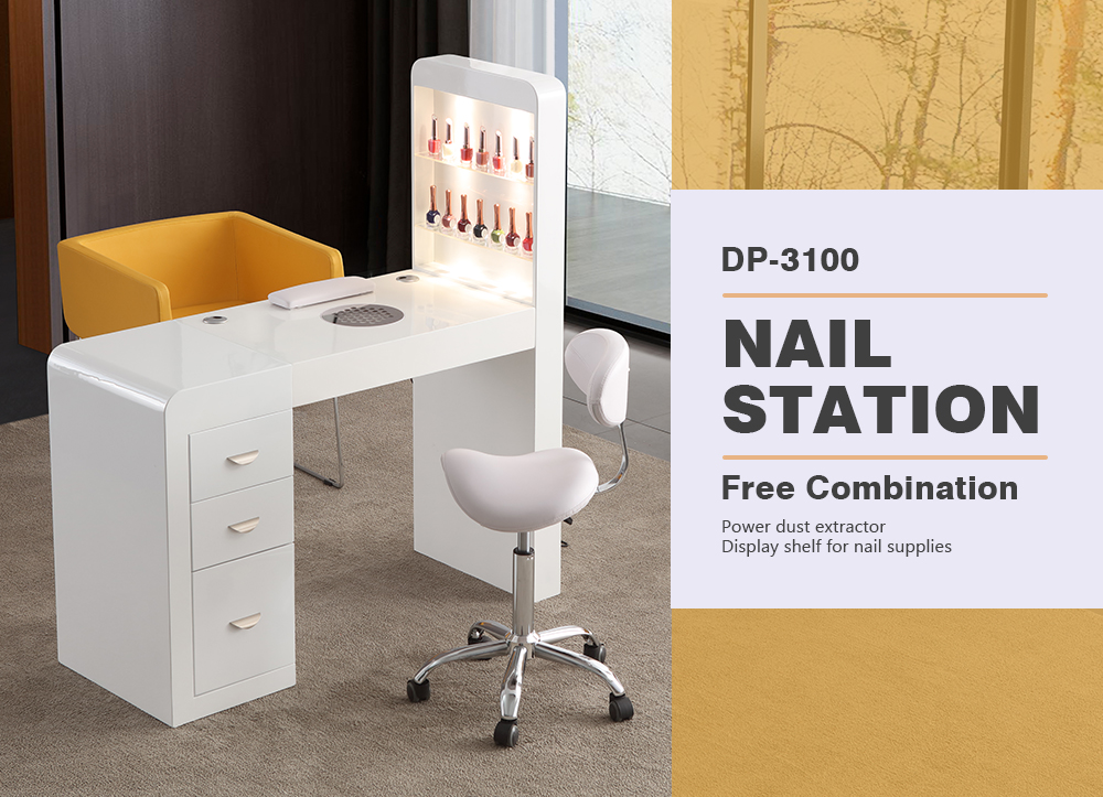 Modern white nail station DP-3100 featuring display shelf and built-in dust extractor for professional salons