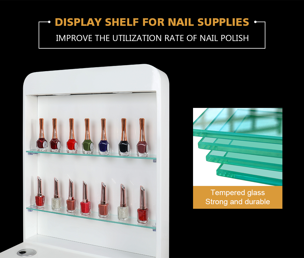 Tempered glass nail polish display shelf on DP-3100 nail station, improving product visibility and usage