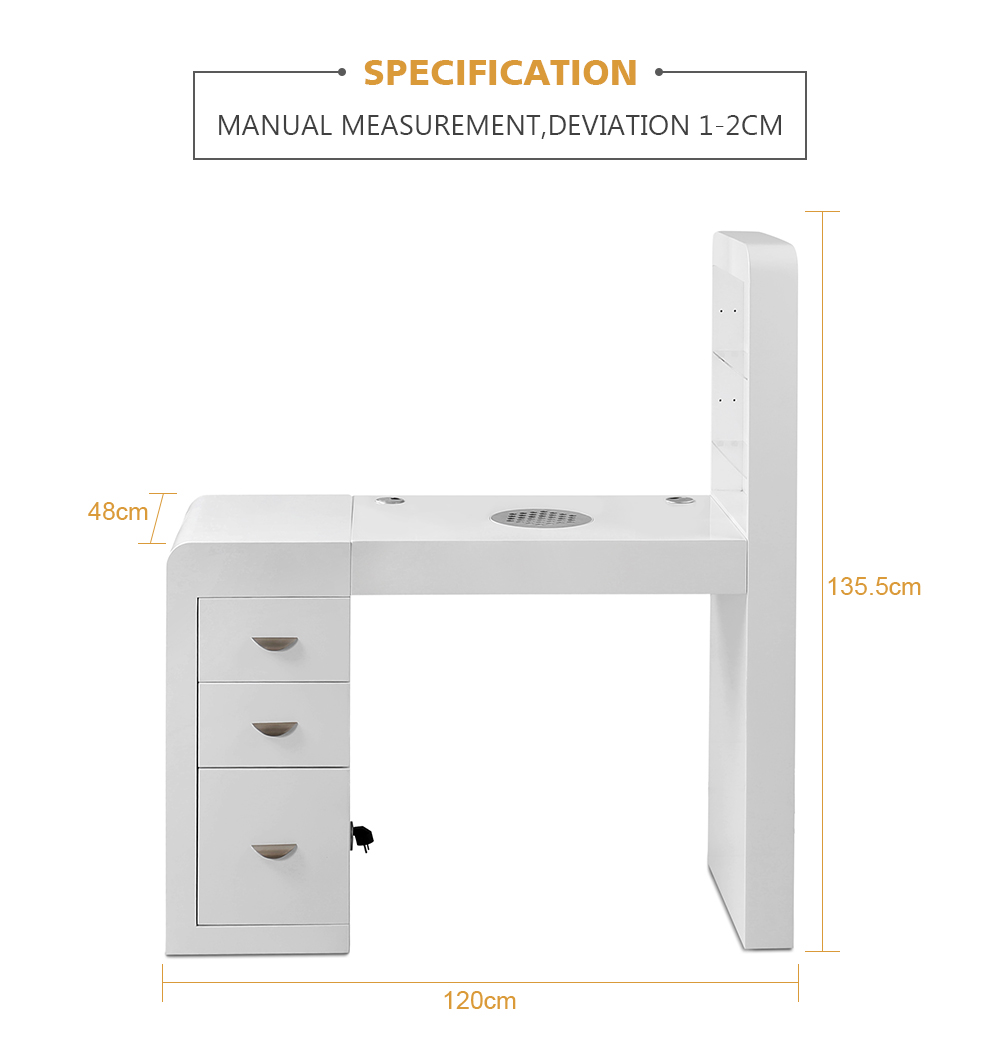 Size specifications of the DP-3100 manicure table with display shelf, measured at 120cm x 48cm x 135.5cm