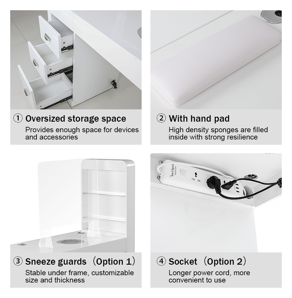 DP-3100 nail desk showing large drawers, comfortable hand pad, optional power socket and sneeze guard setup