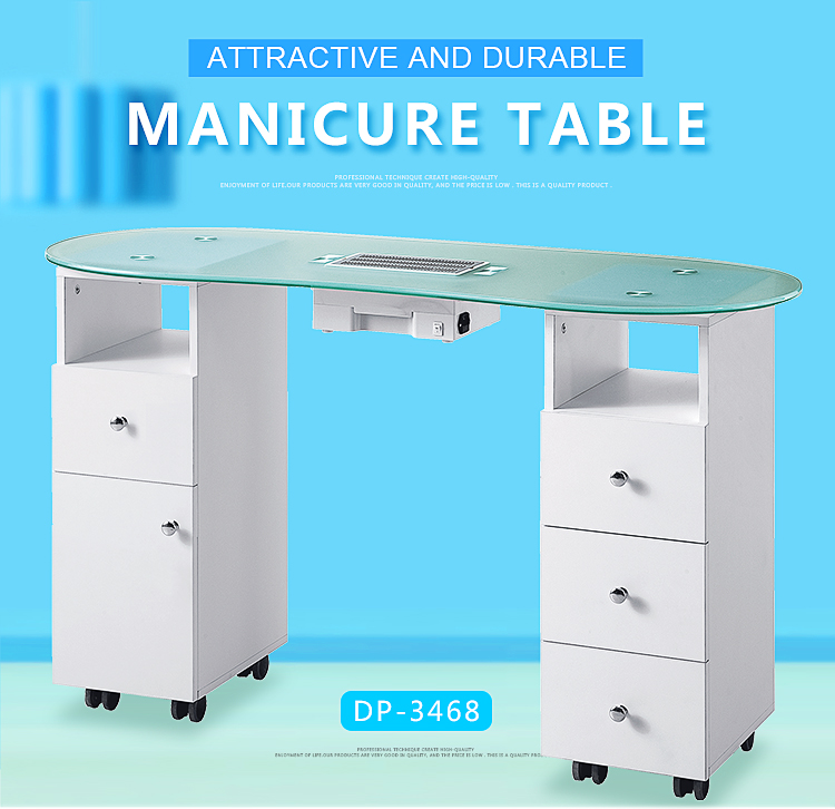 Factory direct DP-3468 manicure table with tempered glass top and dust collector