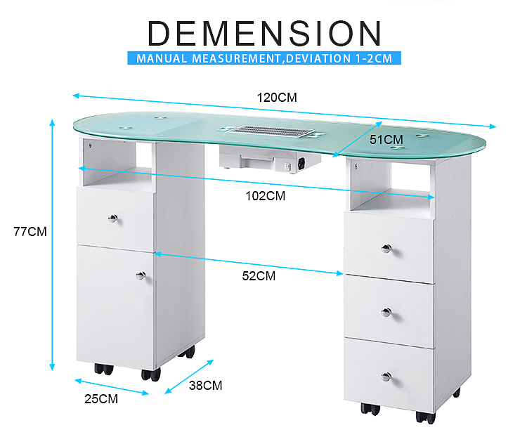 DP-3468 manicure table size chart, 120×51×77cm nail desk with storage drawers