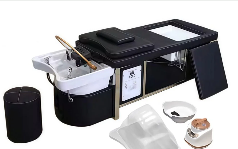 Multifunctional head spa bed with integrated sink, storage, and detachable accessories.png