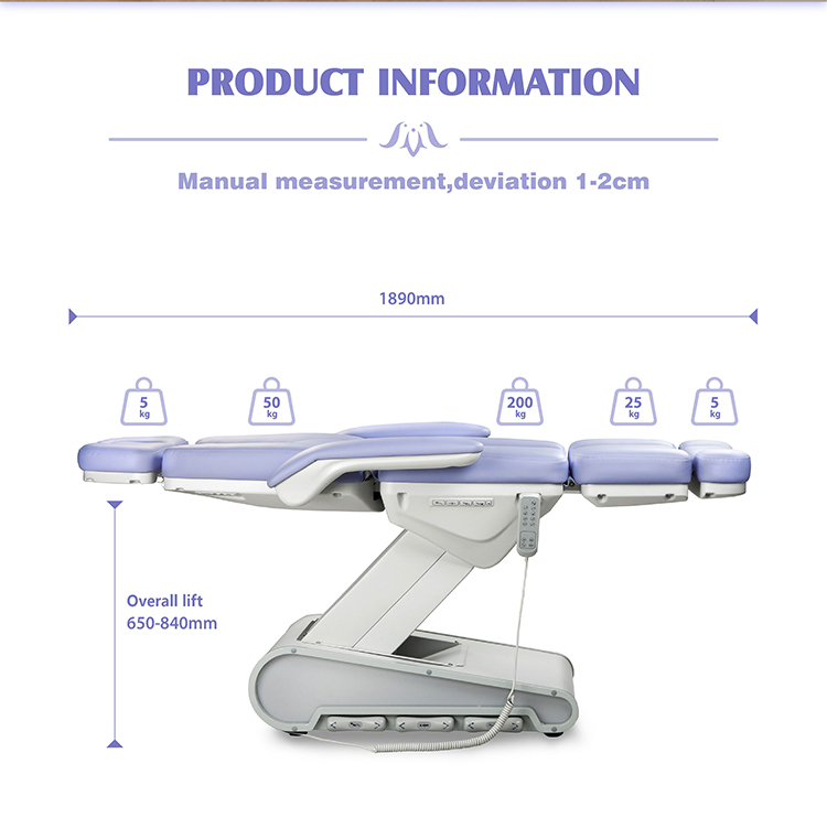 m12a2-4-beauty-bed-dimensions.jpg Side view of M12A2-4 electric beauty bed showing 1890mm length and 650–840mm height adjustment