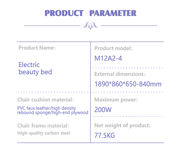 m12a2-4-beauty-bed-parameters.jpg Technical parameters of M12A2-4 electric beauty bed with carbon steel frame and 200W power