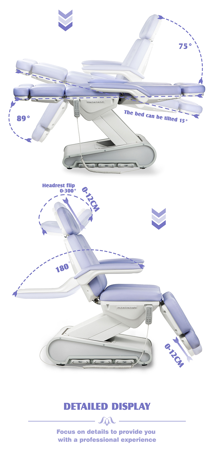 m12a2-4-beauty-bed-angle-adjustment.jpg M12A2-4 facial bed tilt and angle display with 15° tilt and adjustable headrest