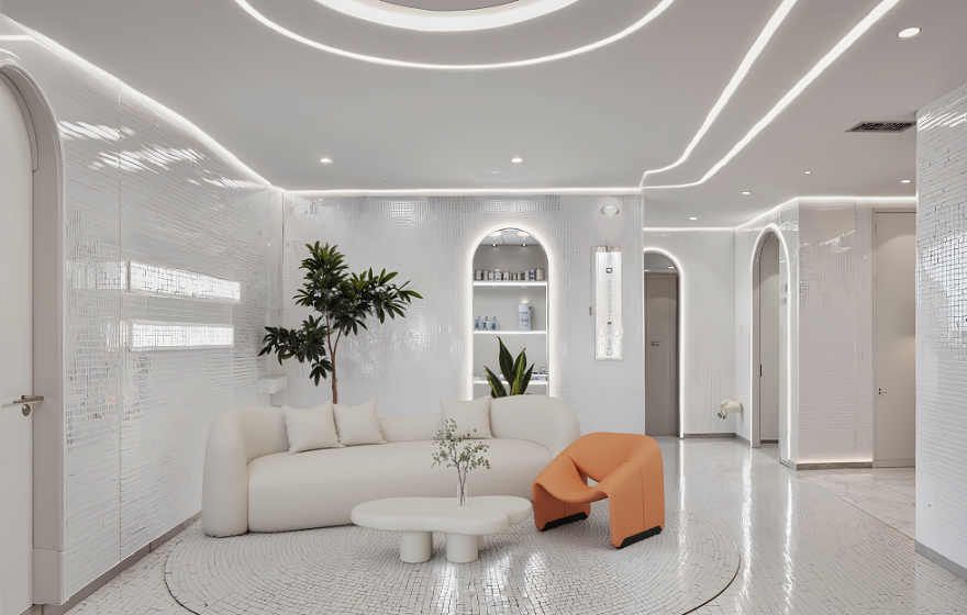 Modern clinic waiting area with Dongpin reception sofa and clean white palette dongpin-clinic-waiting-sofa-modern-interior.png