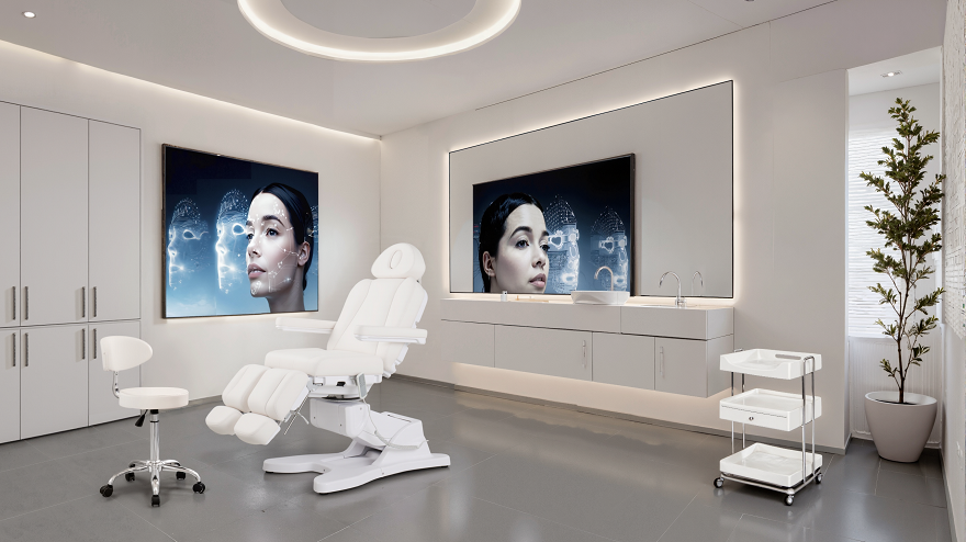 Futuristic treatment room featuring electric beauty chair and linear lighting concept dongpin-aesthetic-treatment-room-futuristic-design.png
