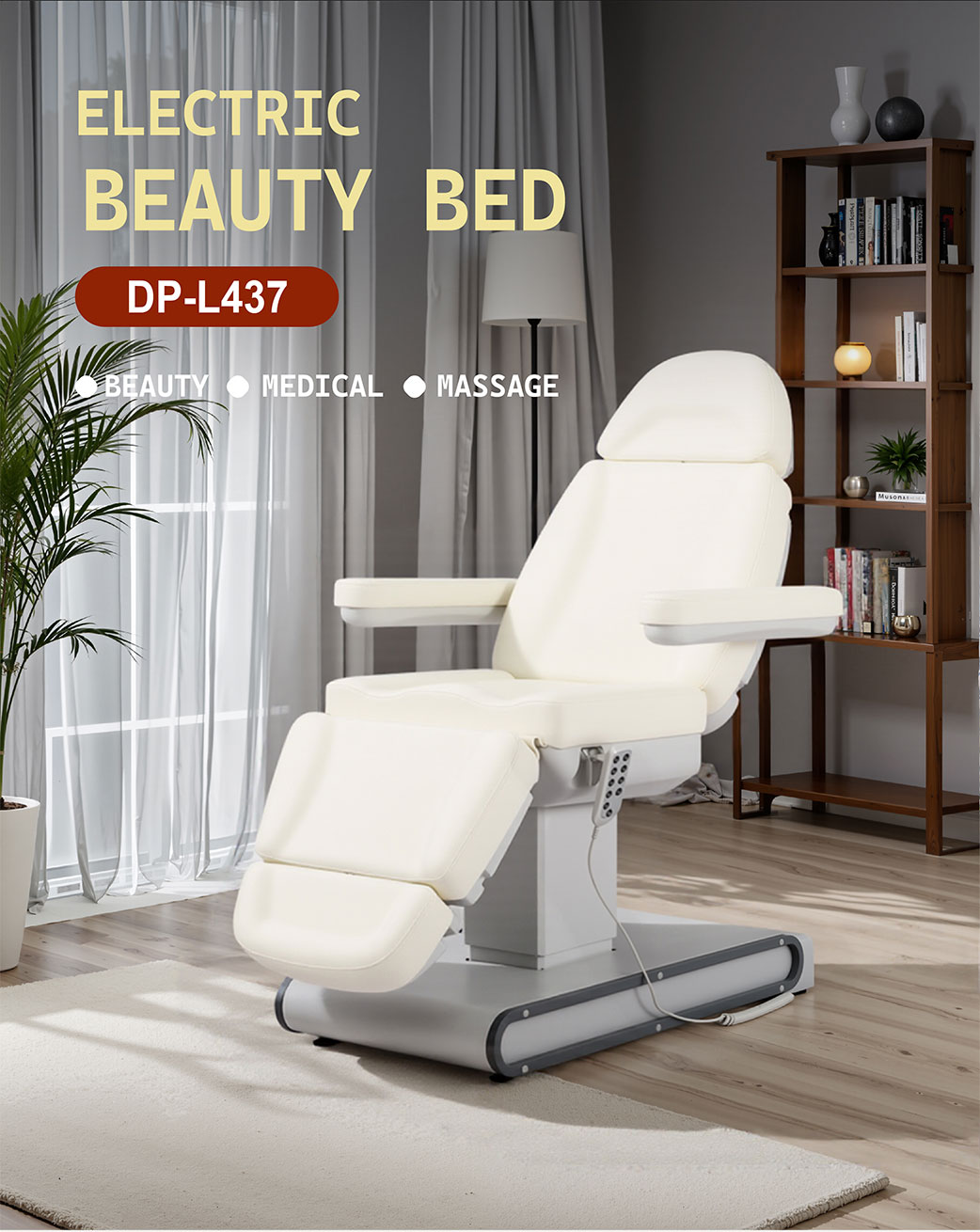 DP-L437 electric beauty bed and facial chair in white, designed for professional beauty, medical and massage treatment settings.