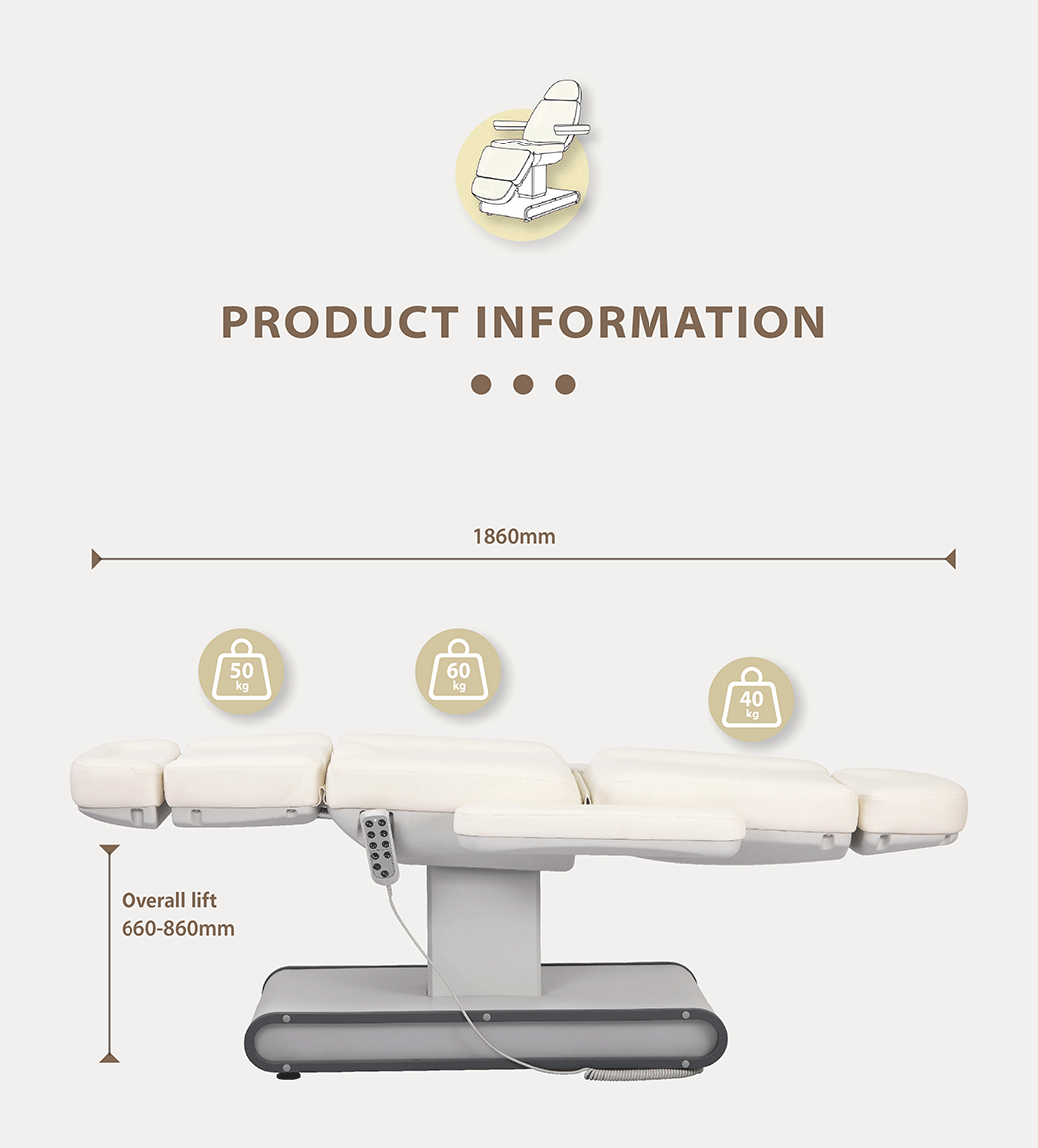 DP-L437 electric facial chair dimensions and lift range showing 1860 mm length and working height 660–860 mm with section load indicators.