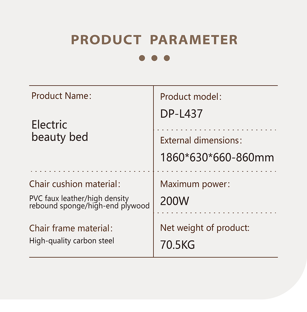 DP-L437 electric facial chair product parameters with size 1860×630 mm, height range 660–860 mm, 200W power, PVC upholstery, carbon steel frame.