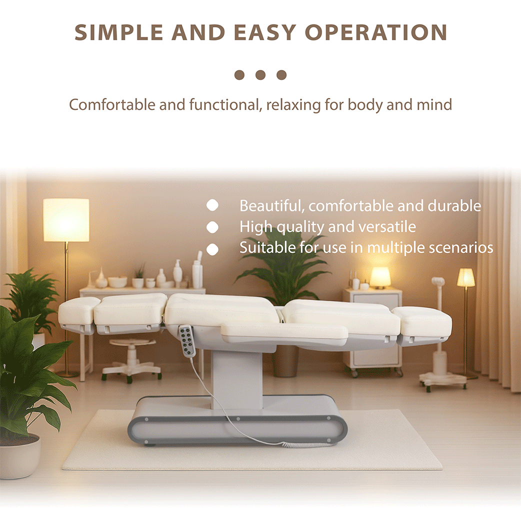 DP-L437 electric facial chair shown in a calm treatment room, highlighting simple operation, comfort and multi-scenario use.