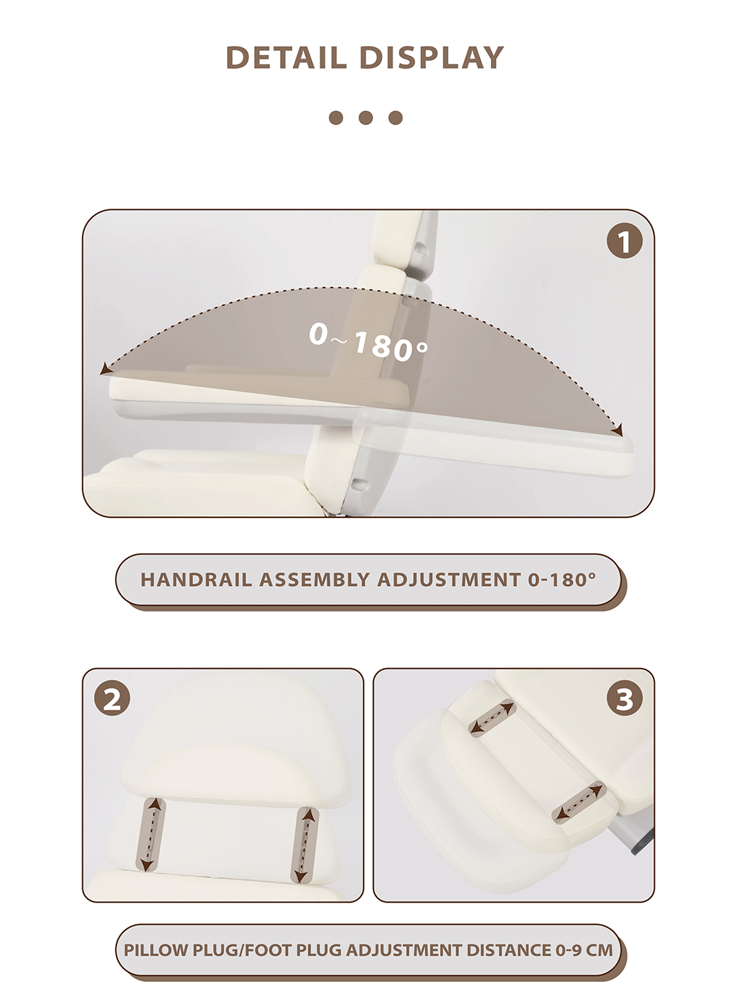 DP-L437 facial chair detail showing handrail adjustment 0–180° and pillow or foot plug distance adjustment up to 9 cm for flexible positioning.