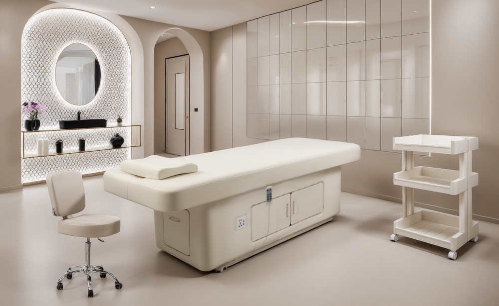 Modern Treatment Room Setup  Spa Bed + Trolley + Stool.png