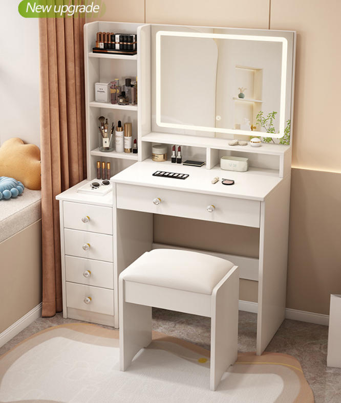 1775446706952519.jpg White vanity desk with LED mirror side cabinet and stool.jpg