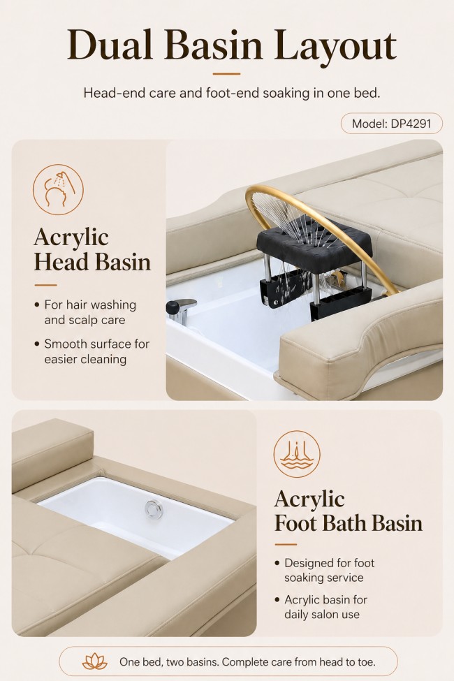 Dongpin DP4291 head spa bed with PU leather, acrylic basins, and solid wood frame