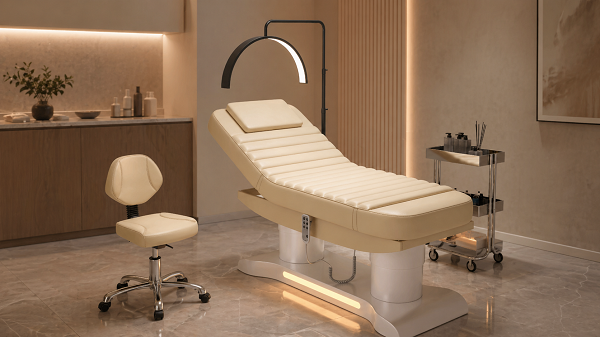 Modern spa treatment room with electric beauty bed, therapist stool, LED arch light and salon trolley.png
