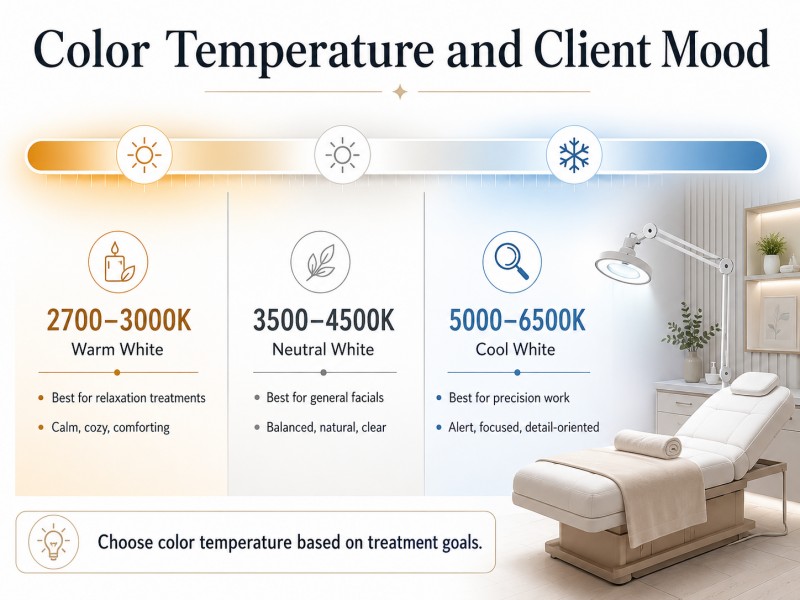 Color Temperature and Client Mood in Beauty Bed Design Color Temperature and Client Mood for Beauty Beds showing warm, neutral, and cool white light effects on relaxation, facial treatments, and precision work.