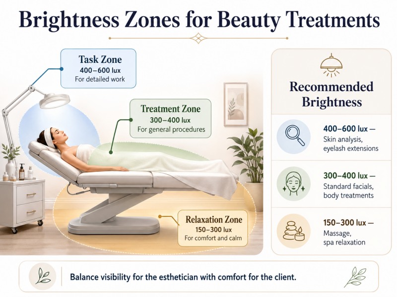 Optimal Brightness Zones for Beauty Bed Treatments Brightness Zones for Beauty Treatments illustrating Task Zone (400-600 lux), Treatment Zone (300-400 lux), and Relaxation Zone (150-300 lux) for client comfort and esthetician visibility.