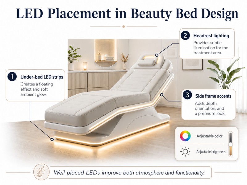LED Placement Guide for Beauty Beds LED Placement in Beauty Bed Design showing under-bed LED strips, headrest lighting, and side frame accents for optimal ambiance and functionality.