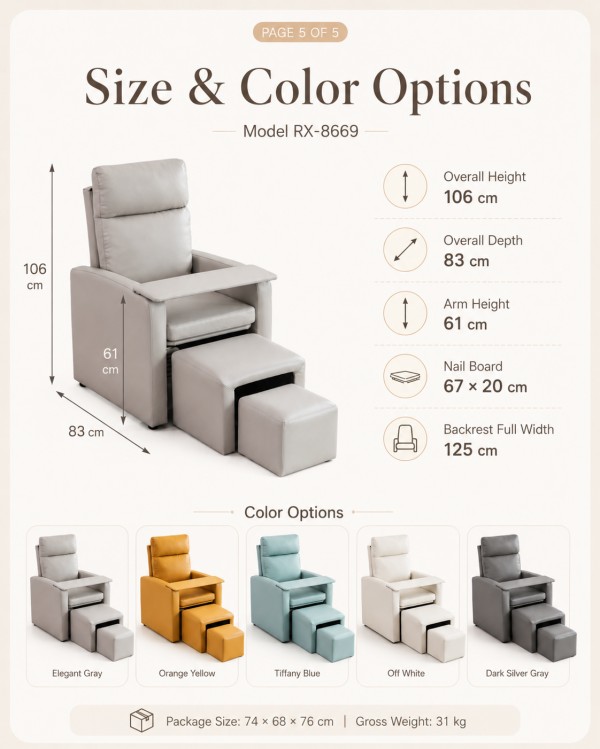 rx-8669-manicure-pedicure-sofa-size-color-options.jpg Dongpin RX-8669 manicure pedicure sofa chair size details and color options for salon furniture buyers