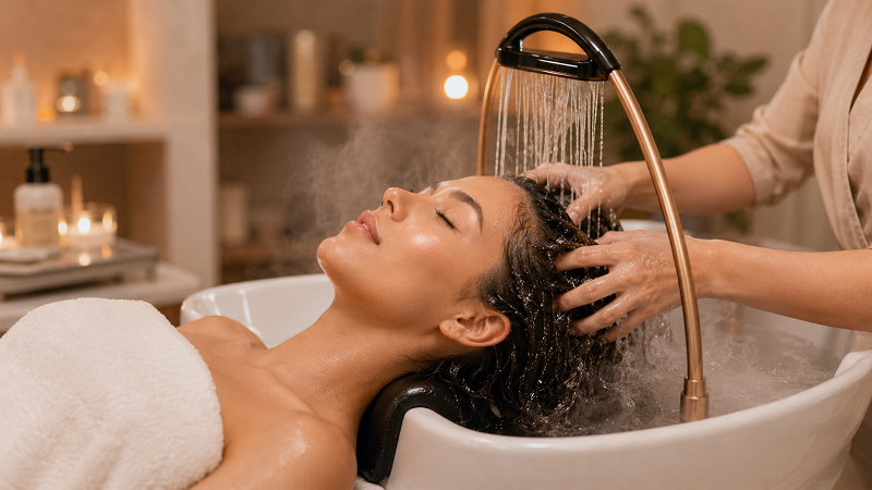 Woman enjoying a head spa scalp facial treatment with water therapy and relaxing scalp massage in a wellness salon