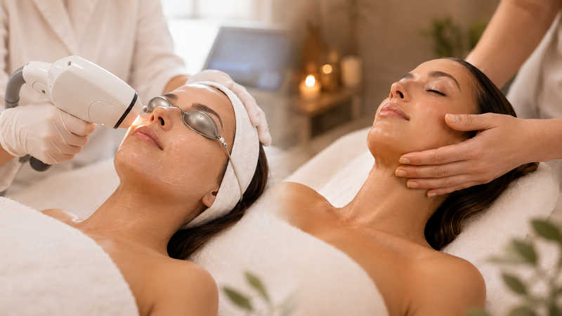 RF facial treatment and lymphatic drainage massage shown as trending non-invasive beauty treatments in a luxury spa setting