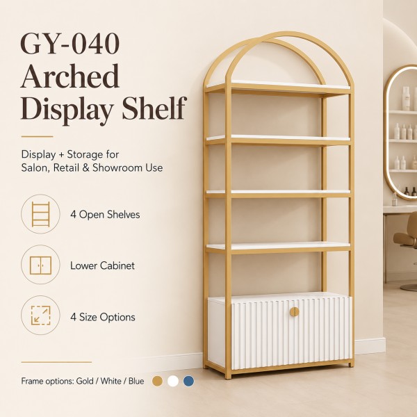 dongpin-gy-040-arched-display-shelf-for-salon-retail-showroom Dongpin GY-040 arched display shelf with open shelves and lower cabinet for beauty salon, retail store and showroom display