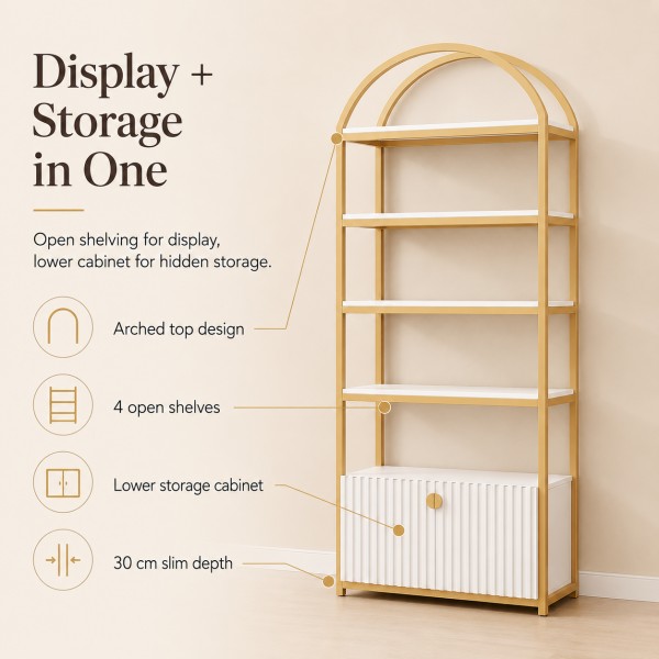 dongpin-gy-040-display-storage-rack-with-lower-cabinet Dongpin GY-040 display storage rack with arched top, four open shelves, lower cabinet and 30 cm slim depth