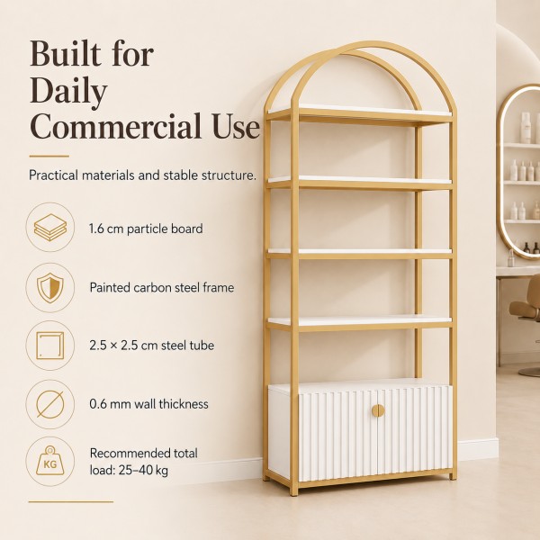 dongpin-gy-040-commercial-display-shelf-carbon-steel-frame Dongpin GY-040 commercial display shelf with painted carbon steel frame, 1.6 cm particle board and stable structure for daily use