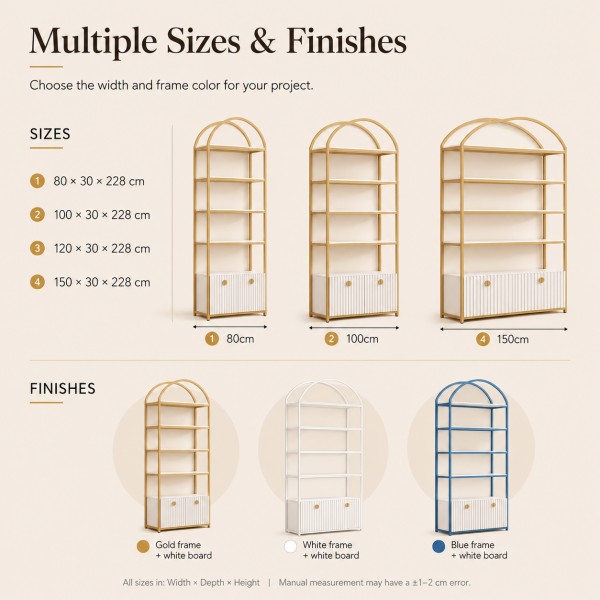 dongpin-gy-040-arched-display-shelf-multiple-sizes-finishes Dongpin GY-040 arched display shelf available in 80 cm, 100 cm, 120 cm and 150 cm widths with gold, white and blue frame options