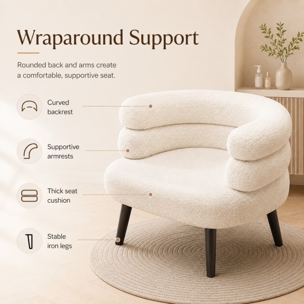 Dongpin WP-5279 wraparound boucle beauty chair with curved backrest, supportive armrests, thick seat cushion and stable iron legs