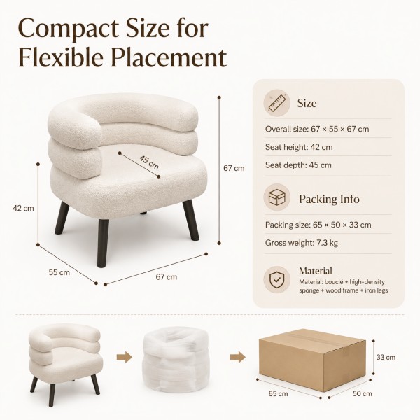 Dongpin WP-5279 boucle nail chair size and packing information, 67 x 55 x 67 cm chair with 65 x 50 x 33 cm package for salon furniture buyers