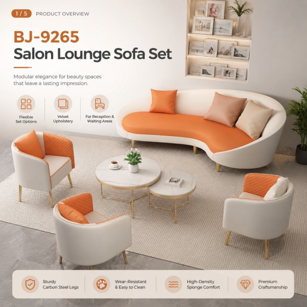 Dongpin BJ-9265 modern orange and white salon sofa set, curved design for reception areas, commercial furniture for beauty salons and clinics