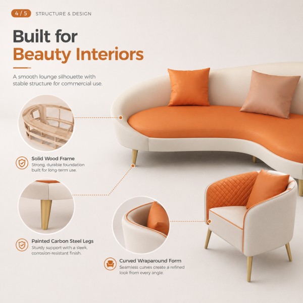 Dongpin BJ-9265 curved sofa armrest detail, ergonomic design for salon reception, commercial-grade furniture for clinics and studios