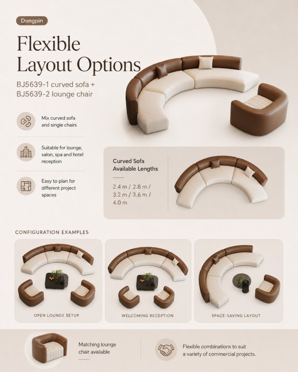 Dongpin BJ5639 modular sofa arranged in a professional salon or spa reception area, demonstrating commercial-grade comfort, elegant design, and flexible seating options.