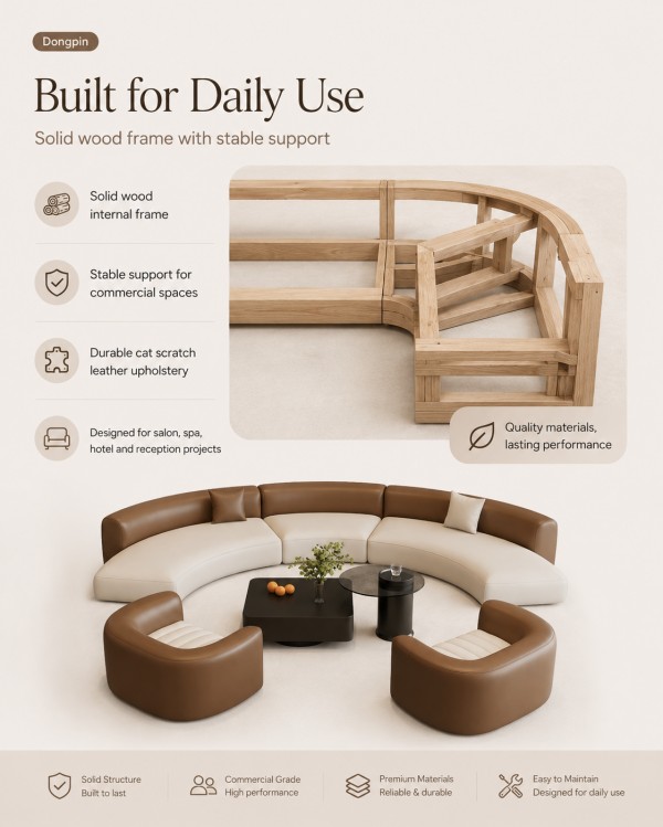 Materials detail for Dongpin BJ5639 modular salon sofa, showing premium leather, fabric, and customizable upholstery options for high-end commercial spaces.