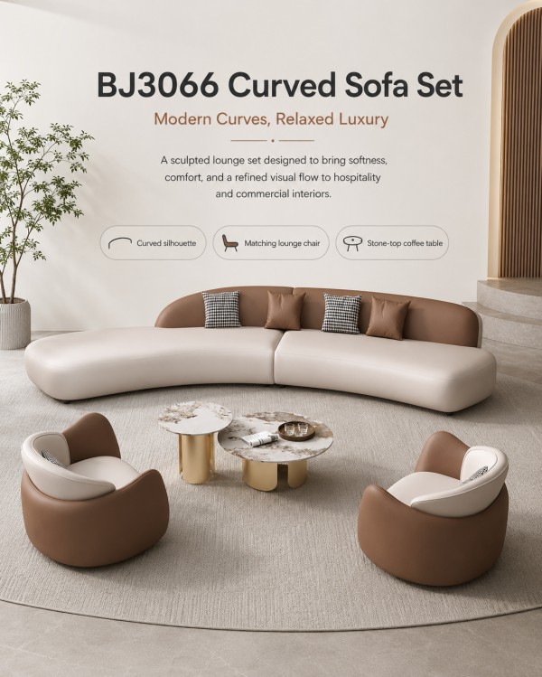 BJ3066 Curved Sofa Set for Modern Lounge Interiors BJ3066 curved sofa set with matching lounge chairs and stone-top coffee tables for modern hotel lobby, reception, and commercial lounge spaces.