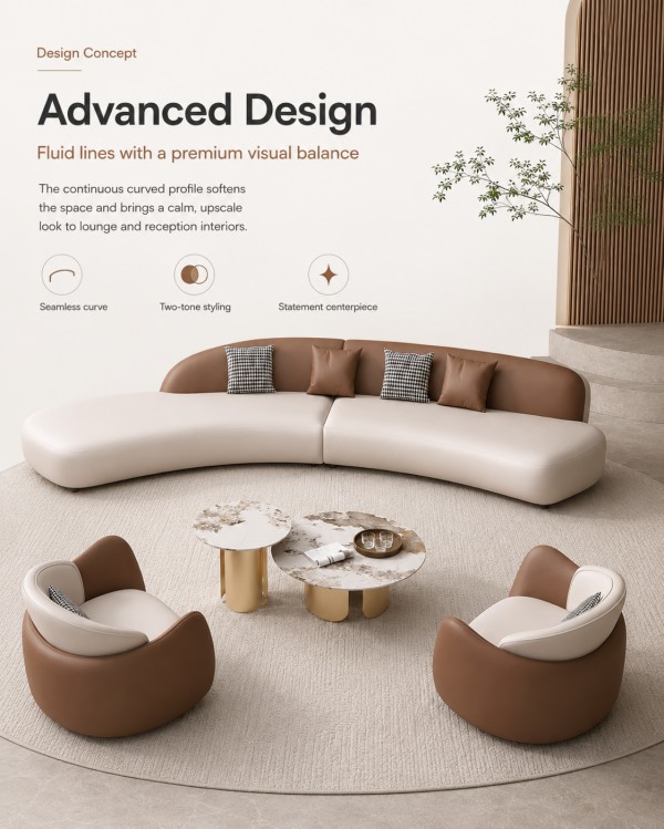 BJ3066 Modern Curved Sofa Set with Two-Tone Design BJ3066 modern curved sofa set featuring a seamless silhouette, brown and cream two-tone styling, and a premium lounge furniture design.